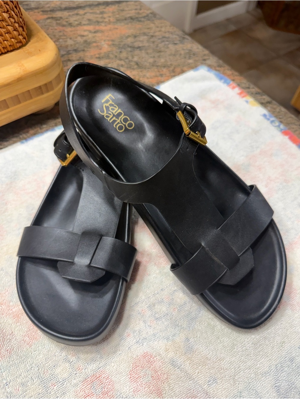 Franco Sarto Black Men’s Leather Strap Sandals with Gold Buckle